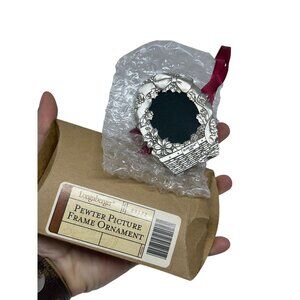 VTG Longaberger Pewter Basket Ornament 2.5" Photo Frame Burgundy Ribbon